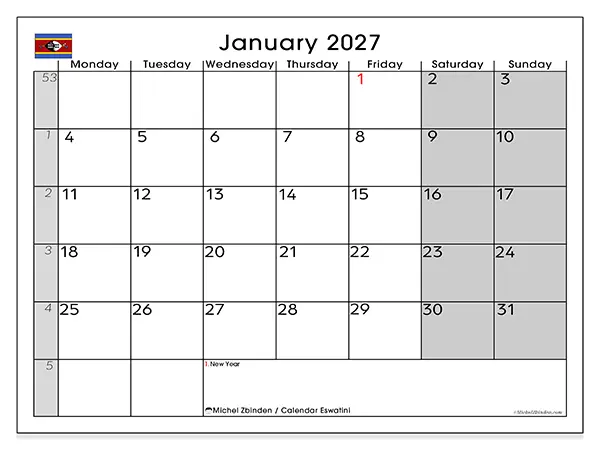 Printable January 2027 calendar - Eswatini