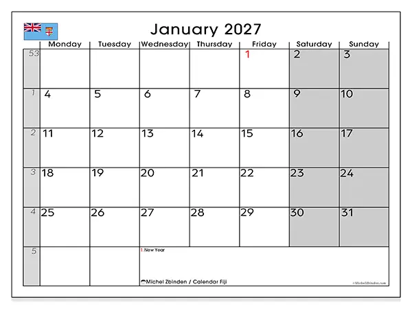 Printable January 2027 calendar - Fiji