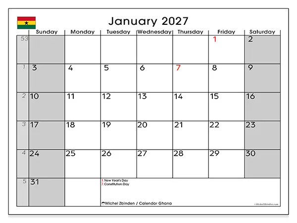 Printable January 2027 calendar - Ghana