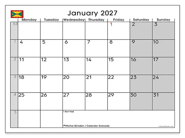 Printable January 2027 calendar - Grenada