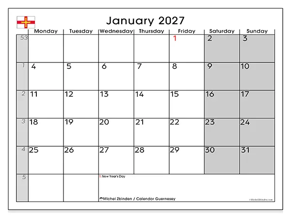 Printable January 2027 calendar - Guernsey