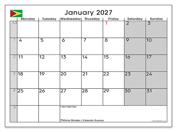 Printable January 2027 calendar - Guyana
