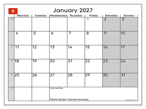 Printable January 2027 calendar - Hong Kong
