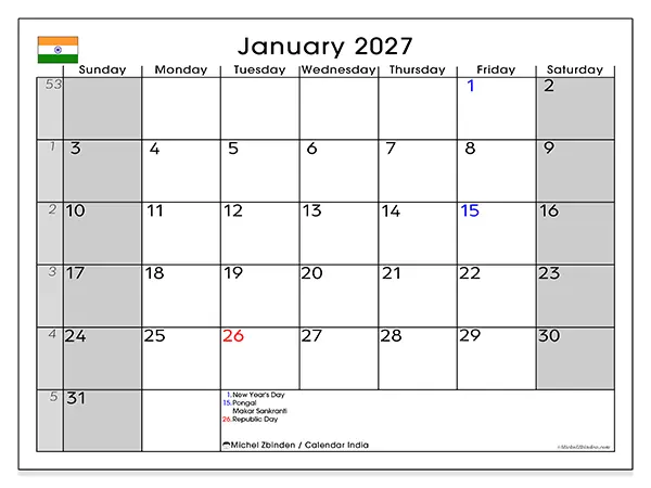 Printable January 2027 calendar - India