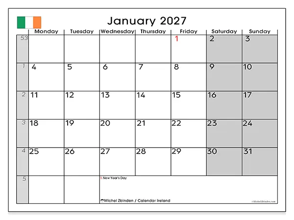 Printable January 2027 calendar - Ireland