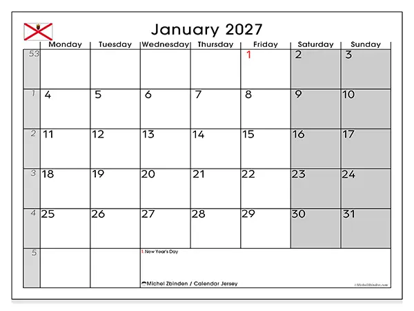 Printable January 2027 calendar - Jersey