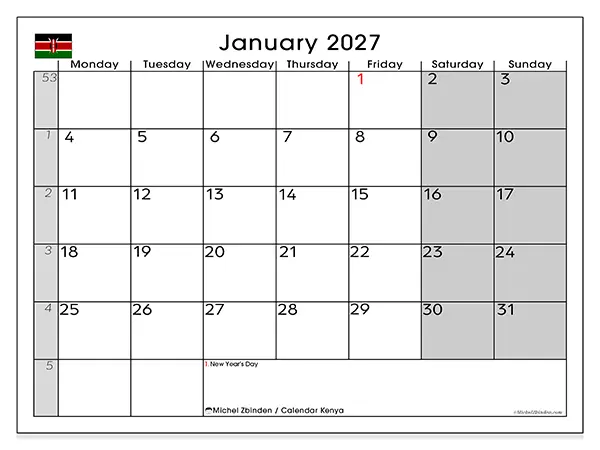 Printable January 2027 calendar - Kenya