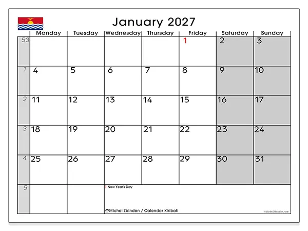 Printable January 2027 calendar - Kiribati