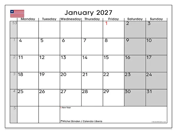 Printable January 2027 calendar - Liberia