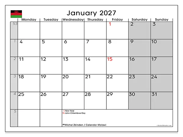 Printable January 2027 calendar - Malawi