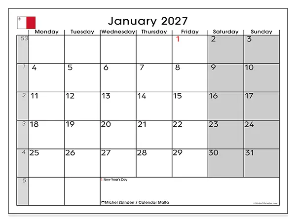 Printable January 2027 calendar - Malta