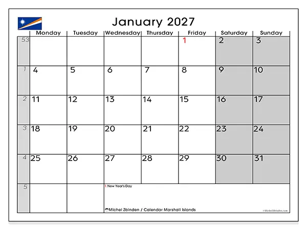 Printable January 2027 calendar - Marshall Islands