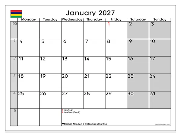 Printable January 2027 calendar - Mauritius