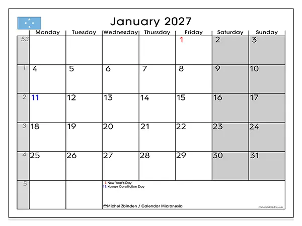 Printable January 2027 calendar - Micronesia