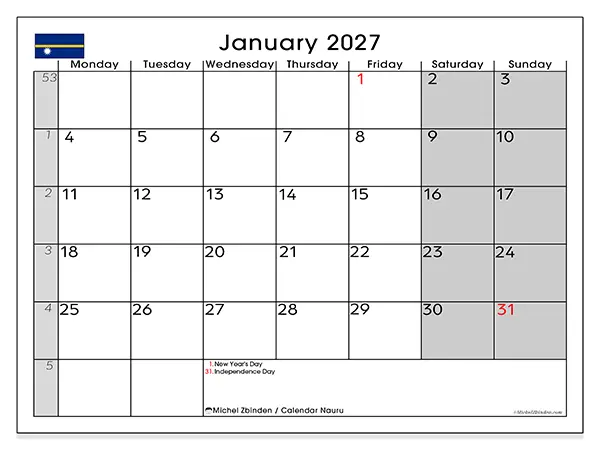 Printable January 2027 calendar - Nauru