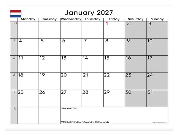 Printable January 2027 calendar - Netherlands