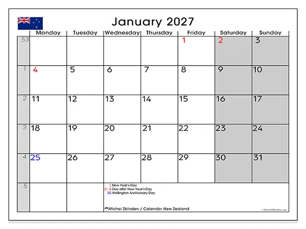 Printable January 2027 calendar - New Zealand