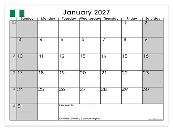 Printable January 2027 calendar - Nigeria