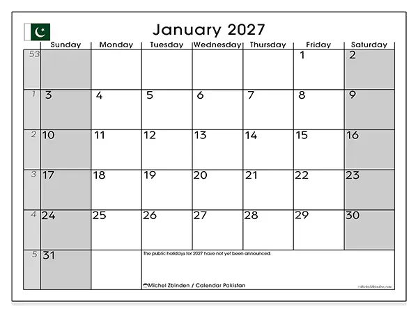 Printable January 2027 calendar - Pakistan