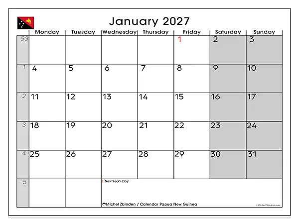 Printable January 2027 calendar - Papua New Guinea
