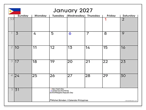 Printable January 2027 calendar - Philippines