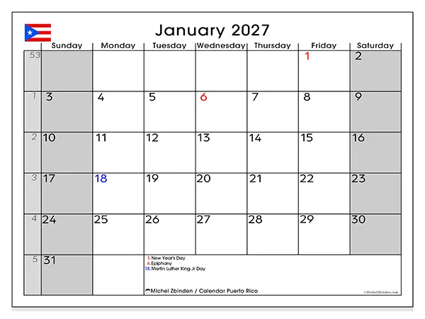 Printable January 2027 calendar - Puerto Rico