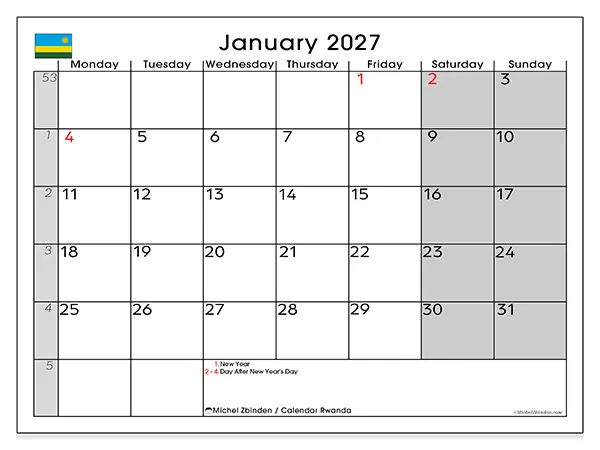 Printable January 2027 calendar - Rwanda