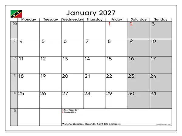 Printable January 2027 calendar - Saint Kitts and Nevis