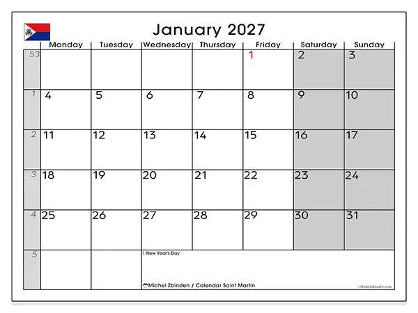 Printable January 2027 calendar - Saint Martin