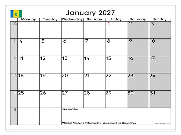 Printable January 2027 calendar - Saint Vincent and the Grenadines