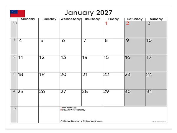 Printable January 2027 calendar - Samoa