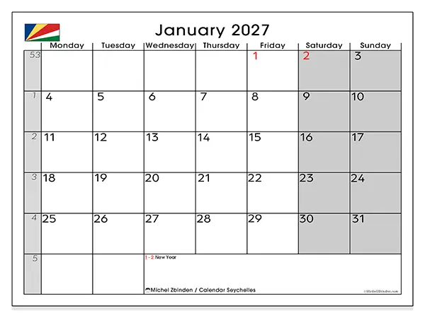 Printable January 2027 calendar - Seychelles