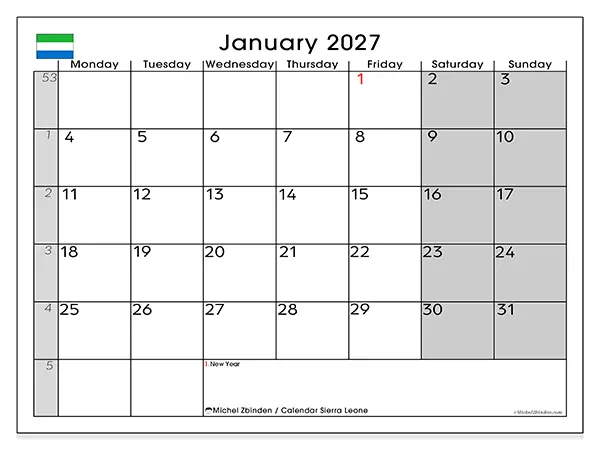 Printable January 2027 calendar - Sierra Leone