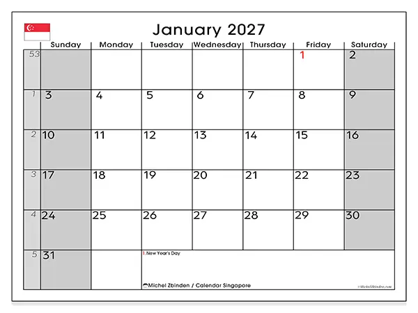 Printable January 2027 calendar - Singapore