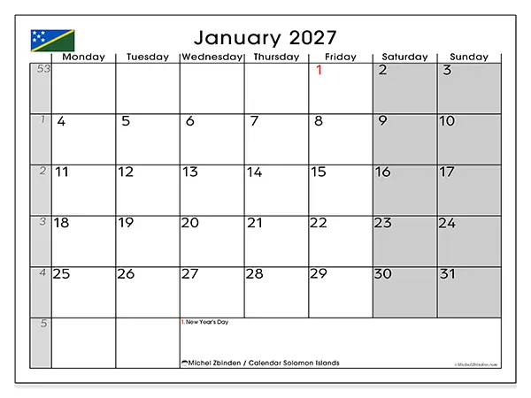 Printable January 2027 calendar - Solomon Islands