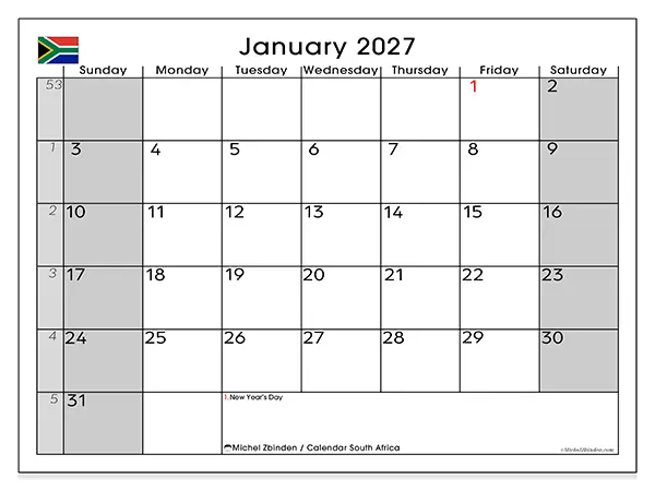 Printable January 2027 calendar - South Africa