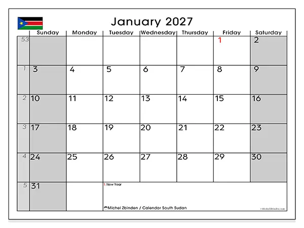 Printable January 2027 calendar - South Sudan