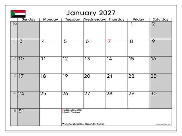 Printable January 2027 calendar - Sudan