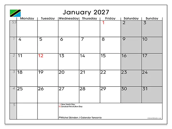 Printable January 2027 calendar - Tanzania