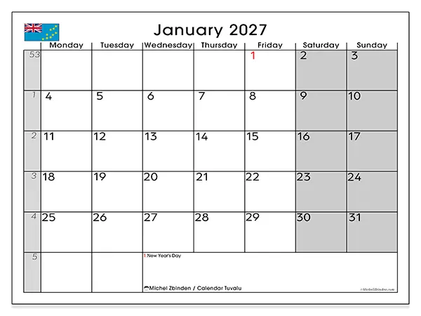Printable January 2027 calendar - Tuvalu