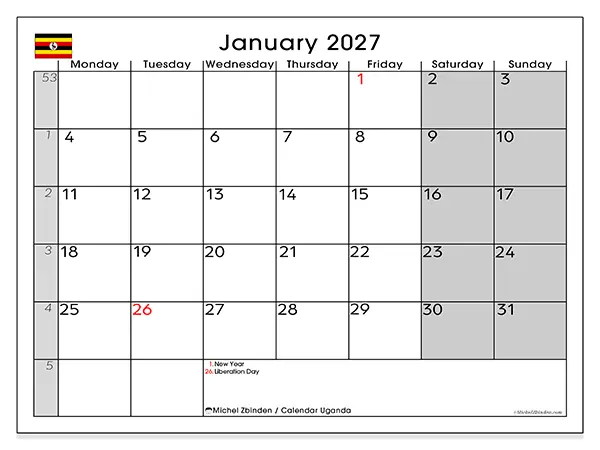 Printable January 2027 calendar - Uganda