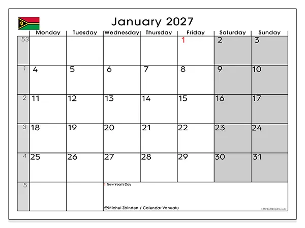 Printable January 2027 calendar - Vanuatu