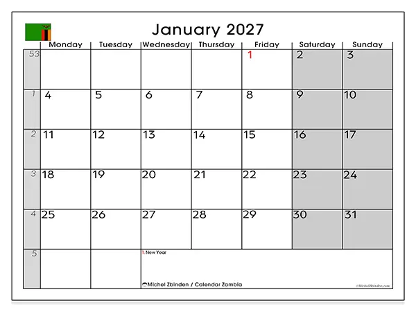 Printable January 2027 calendar - Zambia