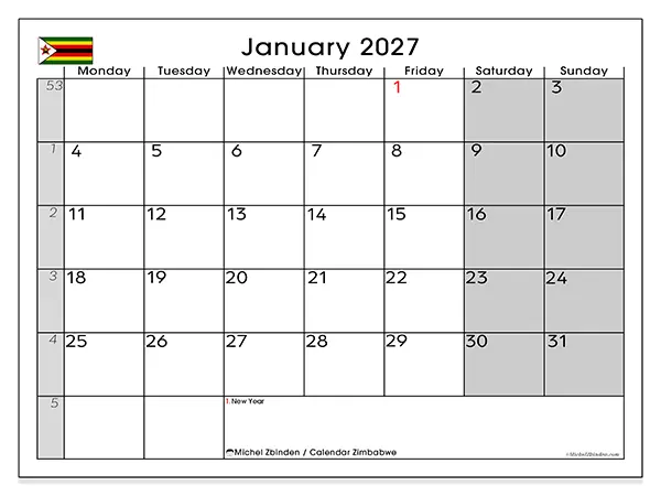 Printable January 2027 calendar - Zimbabwe