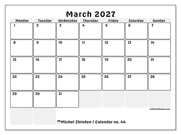Printable March 2027 calendar - Structured planning