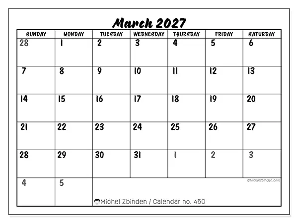 Printable March 2027 calendar - Detailed organization - Week from Sunday to Saturday