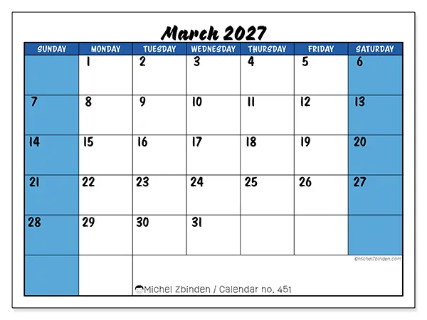 Printable March 2027 calendar - Dynamic organization - Week from Sunday to Saturday