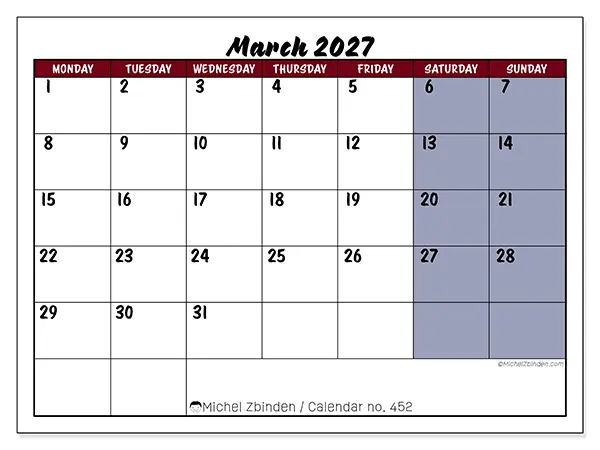 Printable March 2027 calendar - Colorful productivity