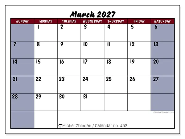 Printable March 2027 calendar - Colorful productivity - Week from Sunday to Saturday