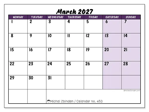Printable March 2027 calendar - Colorful efficiency